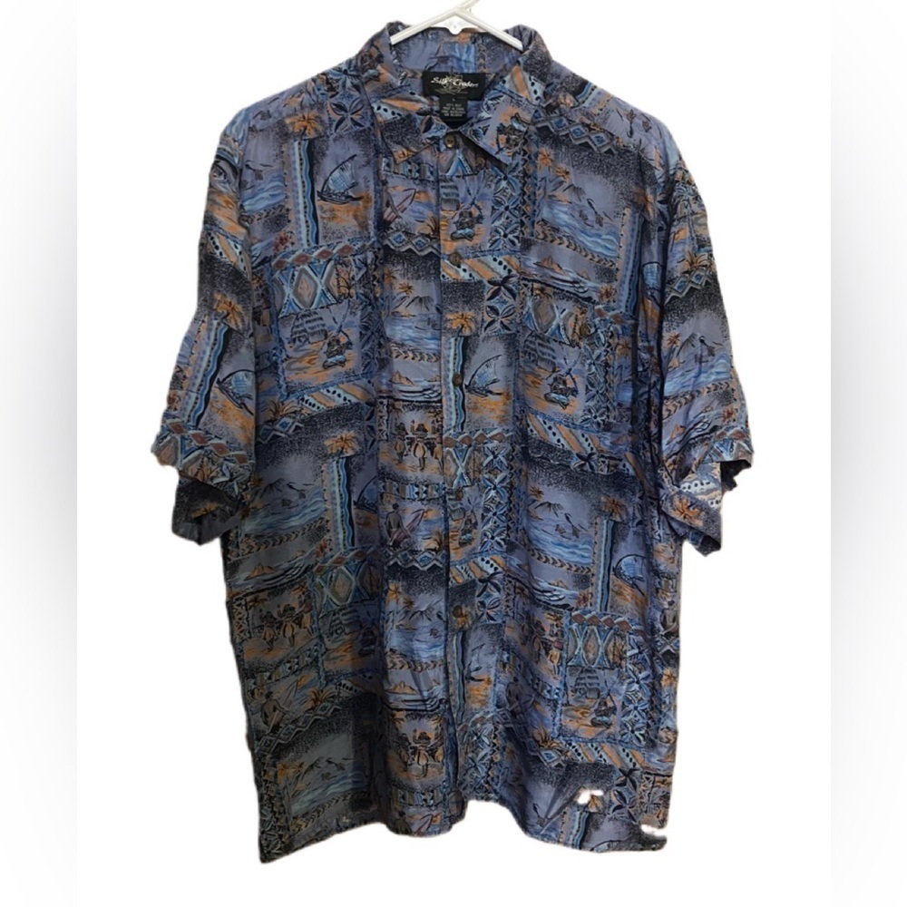 Silk Traders Men’s 100% Silk Hawaiian Tropical Vacation Button Down Shirt Sz L